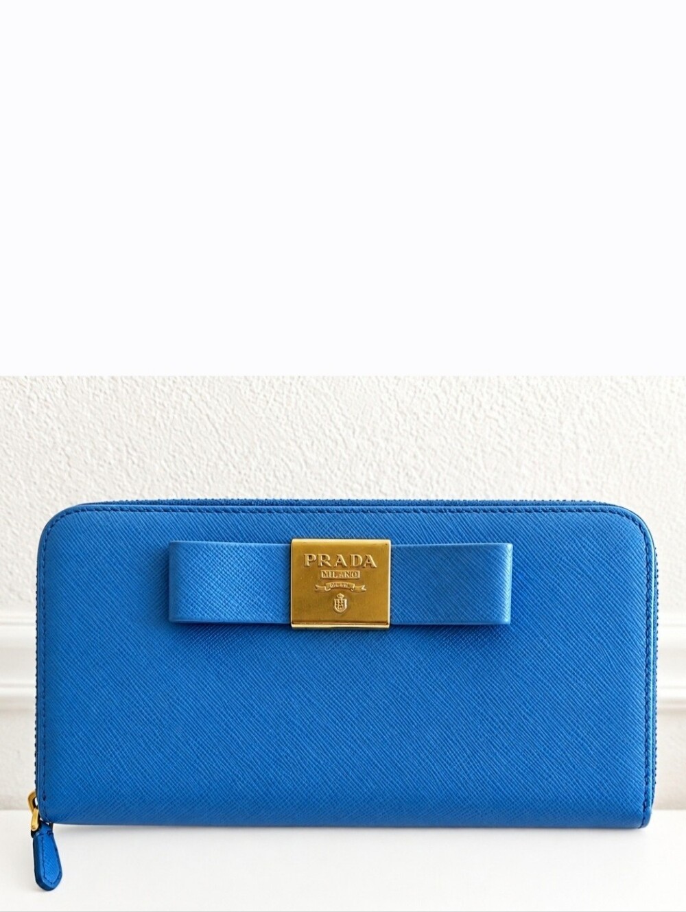 Prada Blue Saffiano Fiocco Bow Zip Around Long Wallet